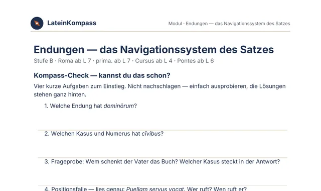 Beispielseite aus dem Lern-PDF „Endungen — das Navigationssystem des Satzes“