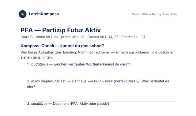 Beispielseite aus dem Lern-PDF „PFA — Partizip Futur Aktiv“